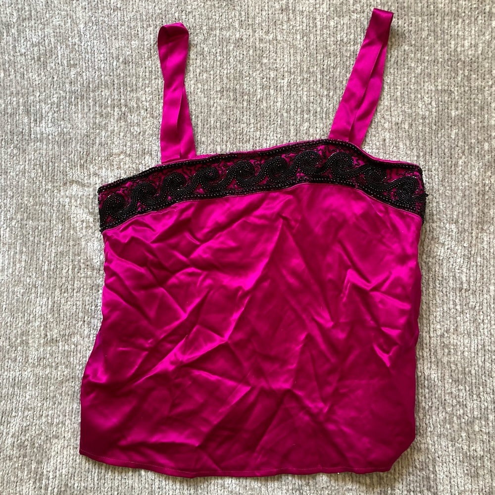 BlackTie II Oleg Cassini Beaded Hot Pink 100% Silk Cami Top Sz 12 Y2K Party